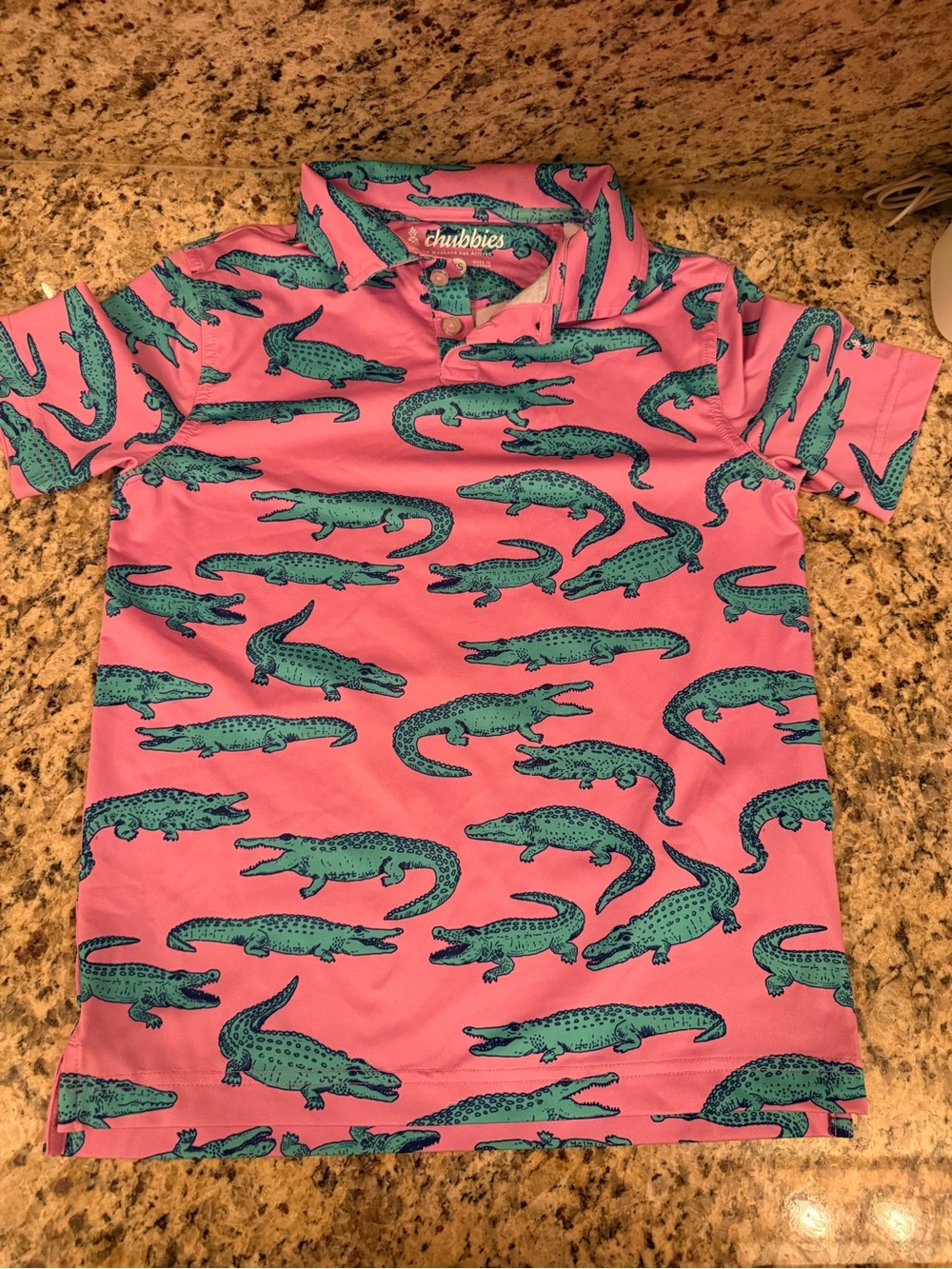 Chubbies Pink Polo with Teal Alligator Motif youth small